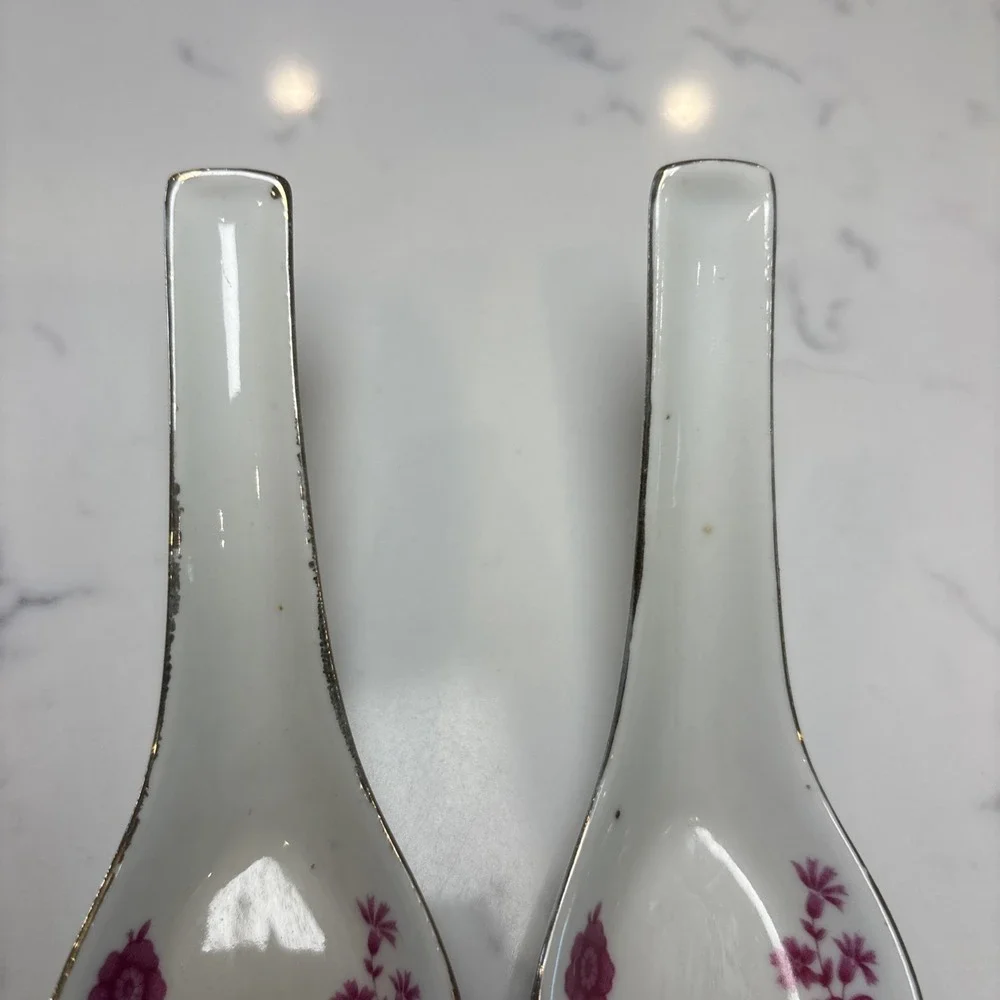 VTG Chinese Porcelain Spoons‎ Pink Roses Floral Gold Edging  5